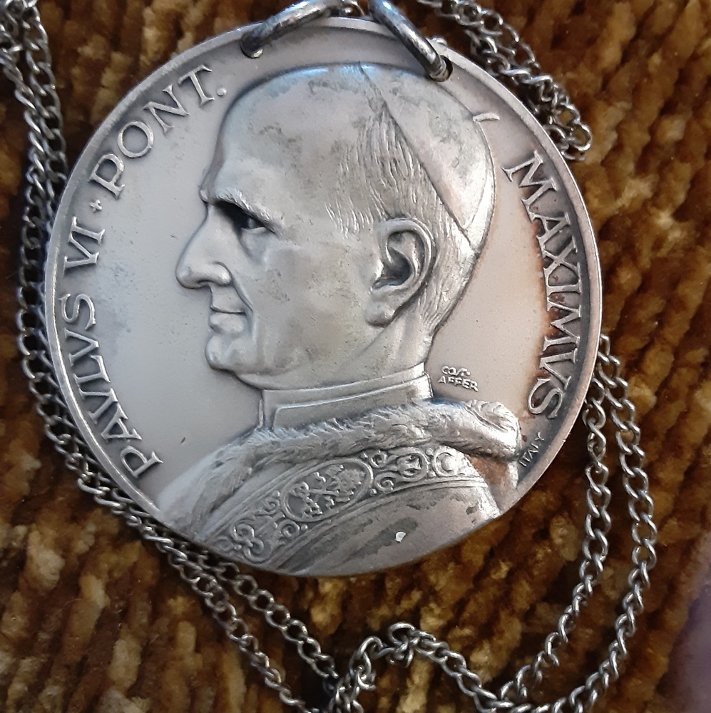 Vintage Miraculous Medal Large Pendant Religious Necklace Mary Pope